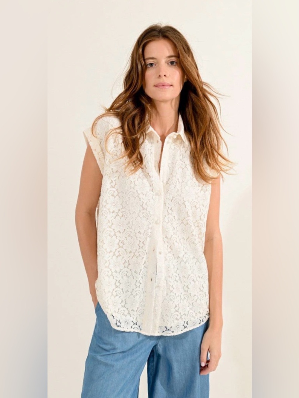 MOLLY BRACKEN Ivory Lace Sleeveless Button-Down Shirt Blouse